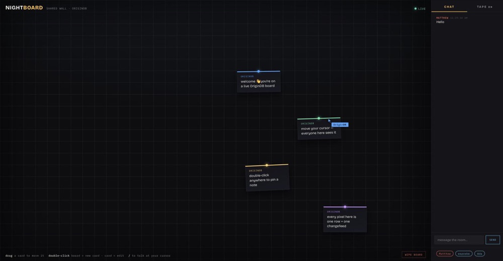 NIGHTBOARD — a live OriginDB demo